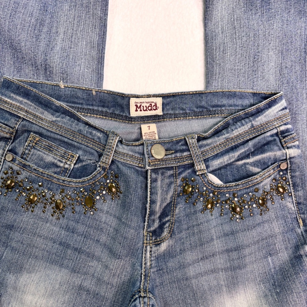 Mudd Embellished Bootcut Jeans Size 7 Light Wash Stretch Denim Blue - Picture 2 of 7